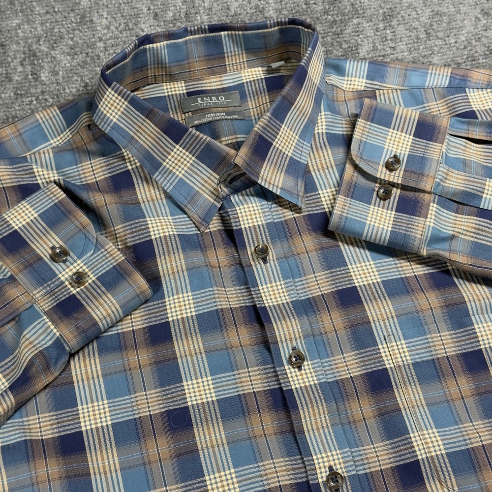ENRO Non Iron Plaid Button Down Shirt Men 2XL Tall Blue Brown Cotton‎ *FLAW*